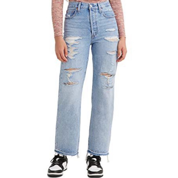 Levi's Women's Ribcage Straight Ankle Jeans, Light Indigo Destructed, 28 - Picture 5 of 6